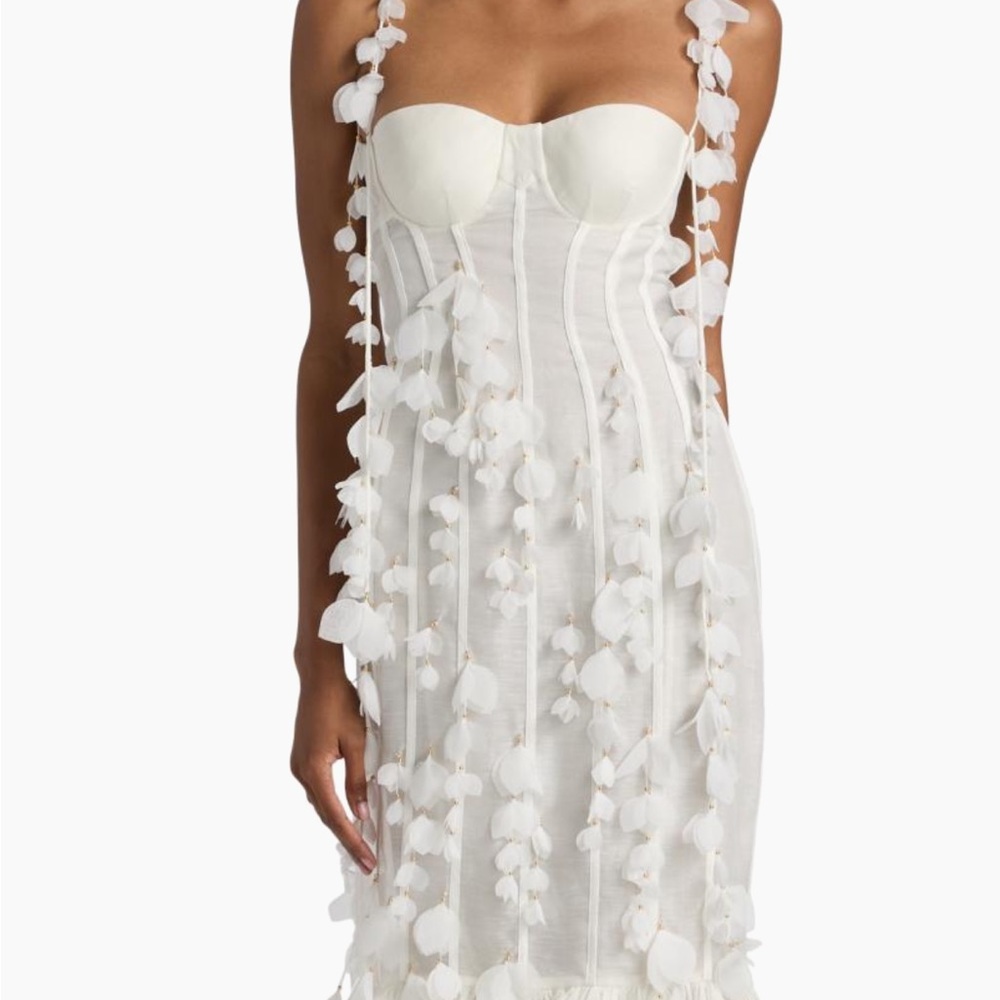 New Zimmermann White Petal Appliqué Linen-Silk Corset Midi Dress Size 3/8-10